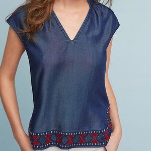New Anthropologie Embroidered V-neck Chambray Top by Chloe Oliver, Size Med